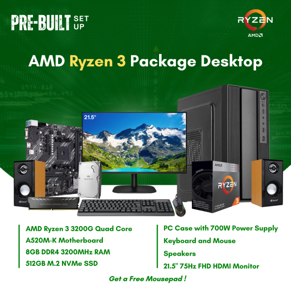 AMD Ryzen 3 3200G Quad Core | Vega 8 Graphics | A520M | 8GB DDR4 RAM | 512GB NVMe SSD | Keyboard | Mouse | Speaker | 21.5  LED Package Desktop For Sale