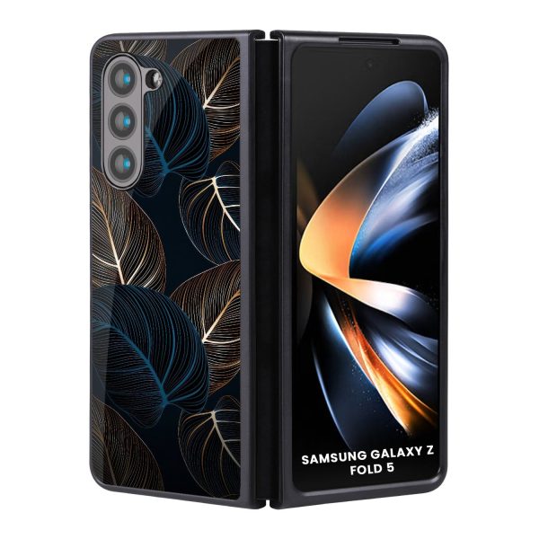 Blue Golden Leaves Glass Case for Samsung Galaxy Z Fold5 5G For Sale