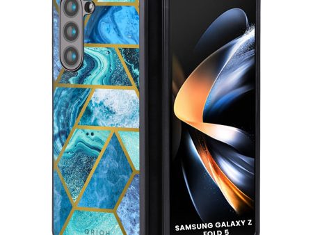 Turquoise Geometrical Marble Glass Case for Samsung Galaxy Z Fold5 5G For Sale