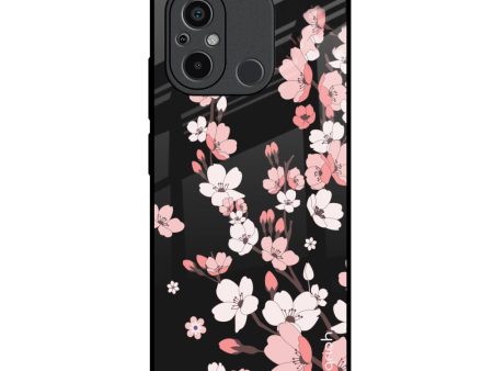 Black Cherry Blossom Glass Case for Redmi 12C Online Hot Sale